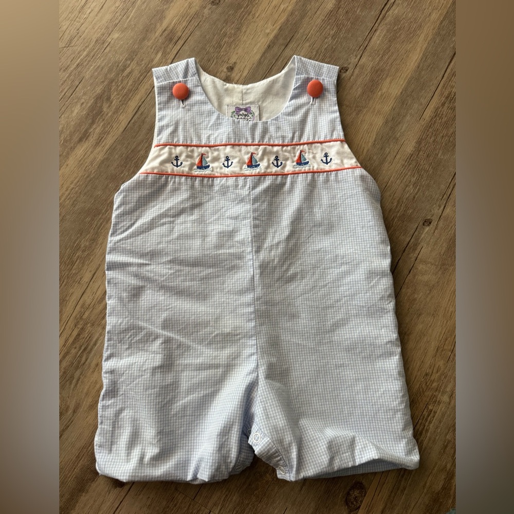 Blue & white gingham Jon Jon shortalls with nautical anchor and sailboat detail
